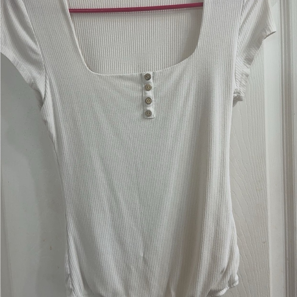 White Ribbed Button-Detail Women's Top body suit